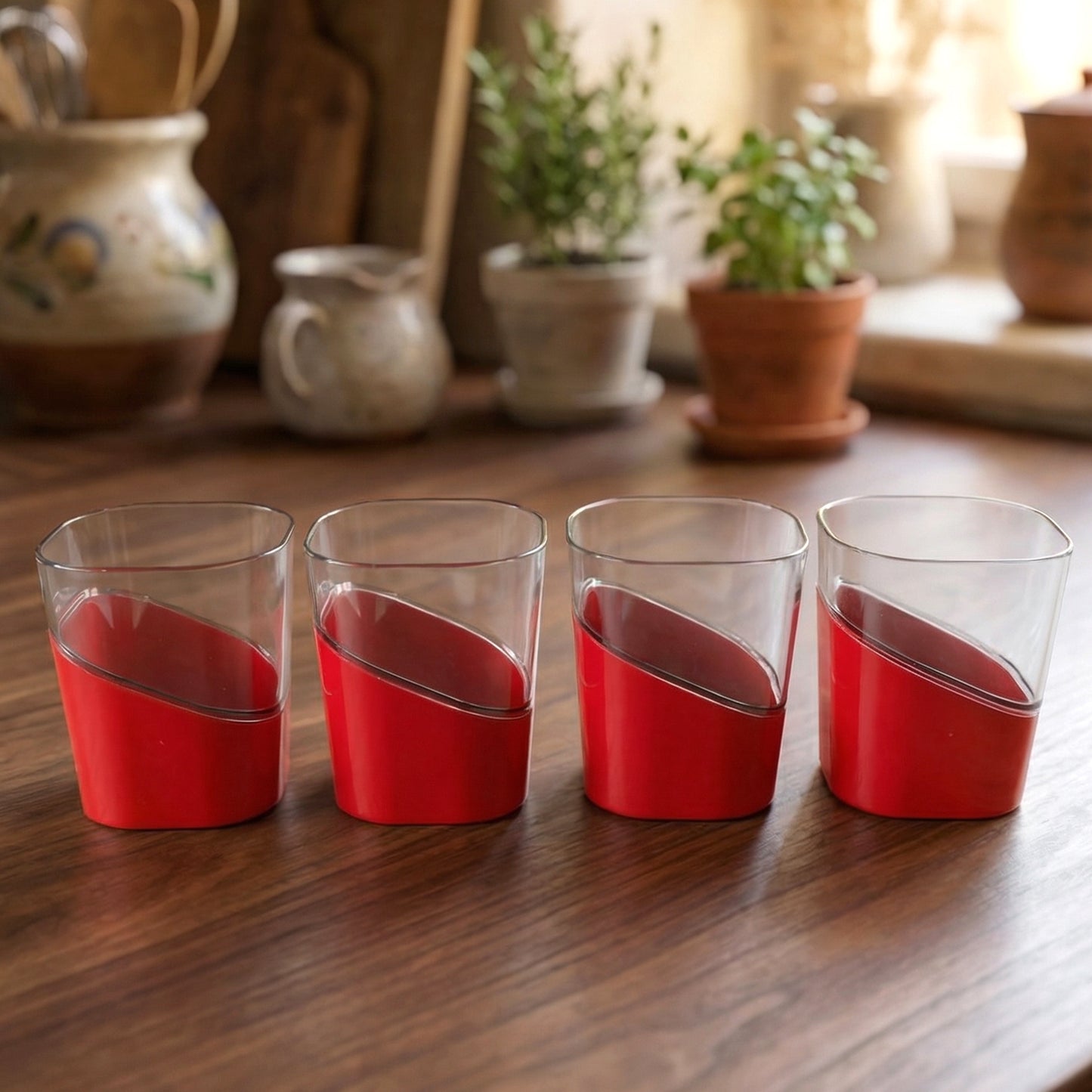 Set of four Wukusy Prexo stylish grip base plastic selo glass jars, each 300ml, with clear glass and durable plastic lids.