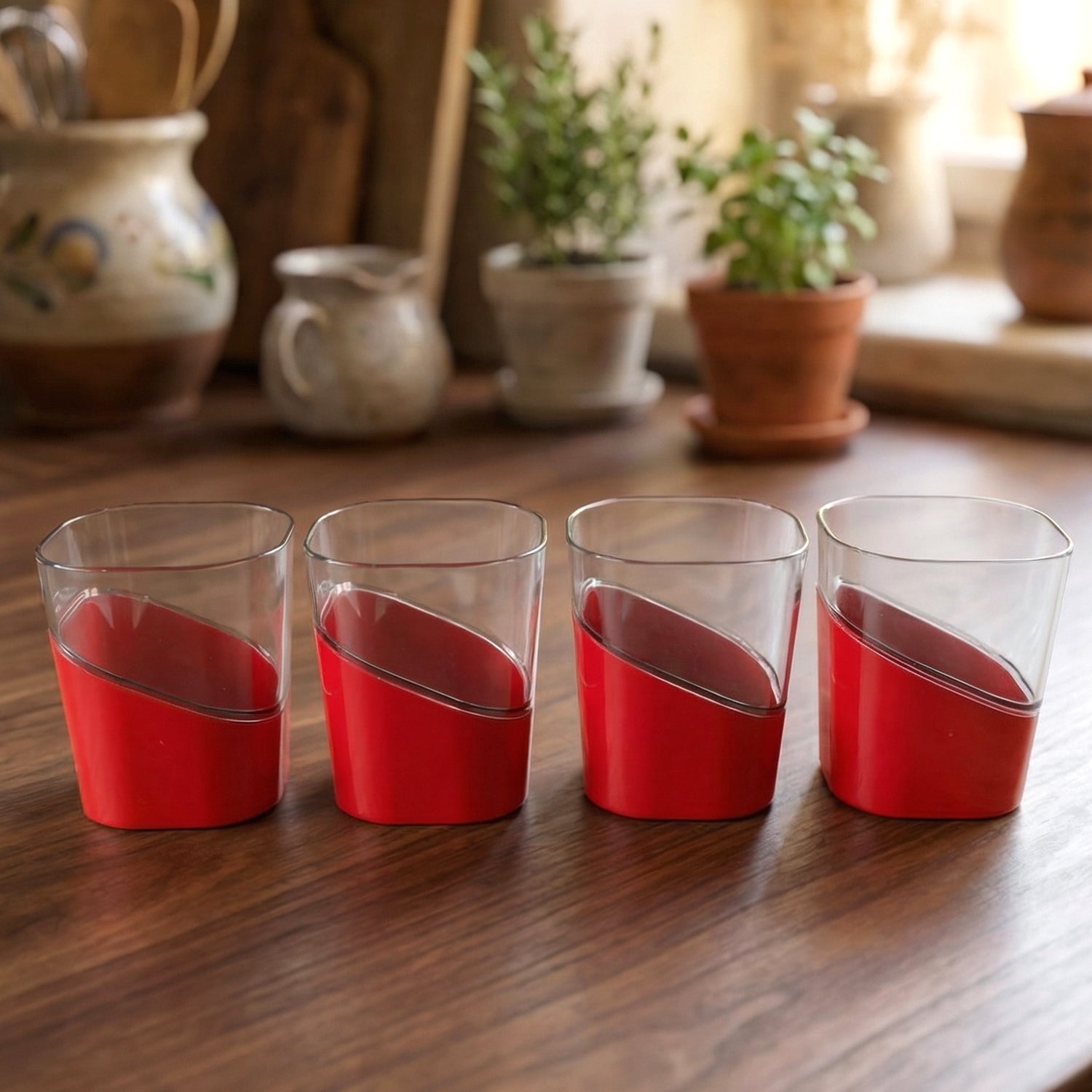 Set of four Wukusy Prexo stylish grip base plastic selo glass jars, each 300ml, with clear glass and durable plastic lids.