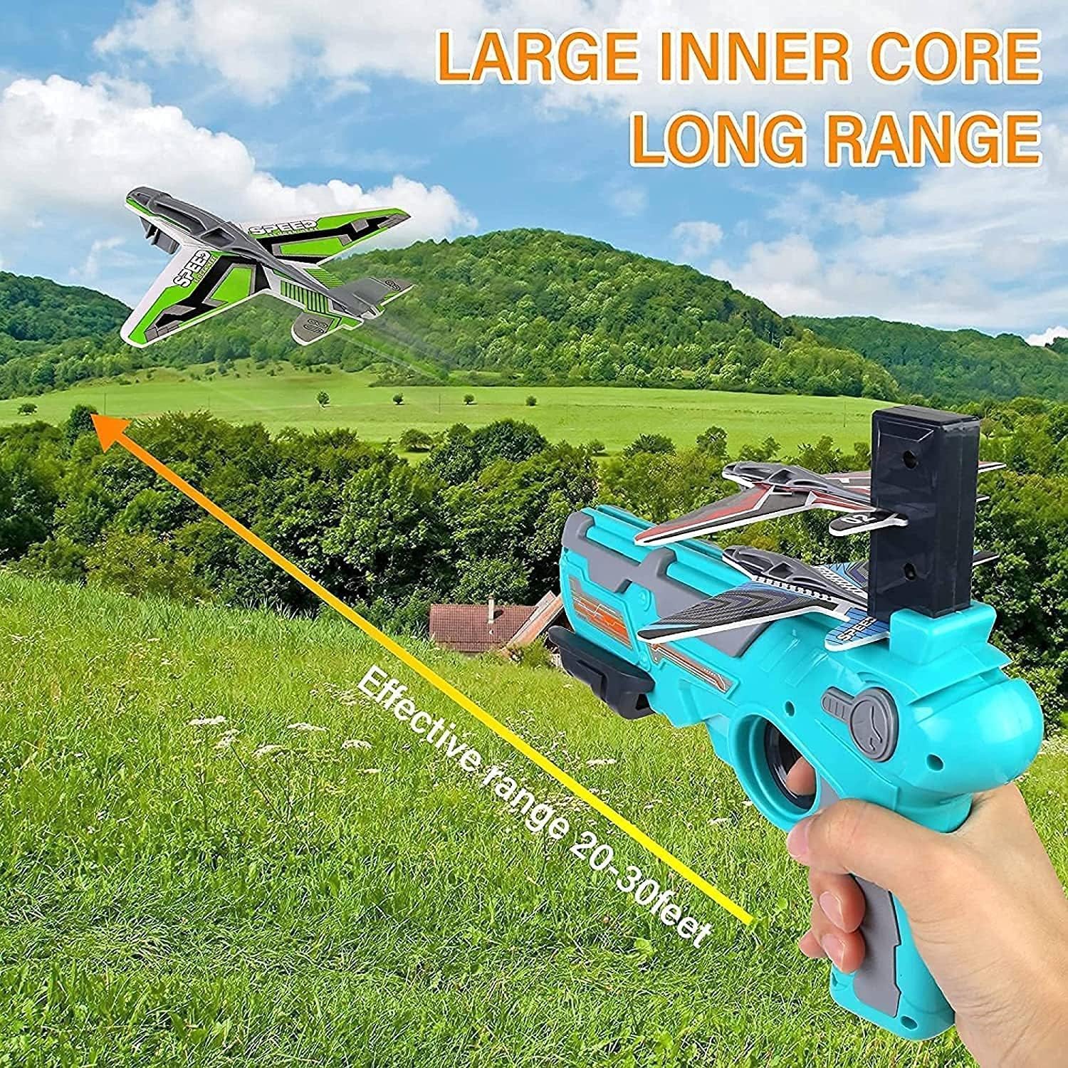 Wukusy 4710 airplane launcher gun toy with foam glider planes for outdoor play, featuring five colorful planes for kids' air battles.