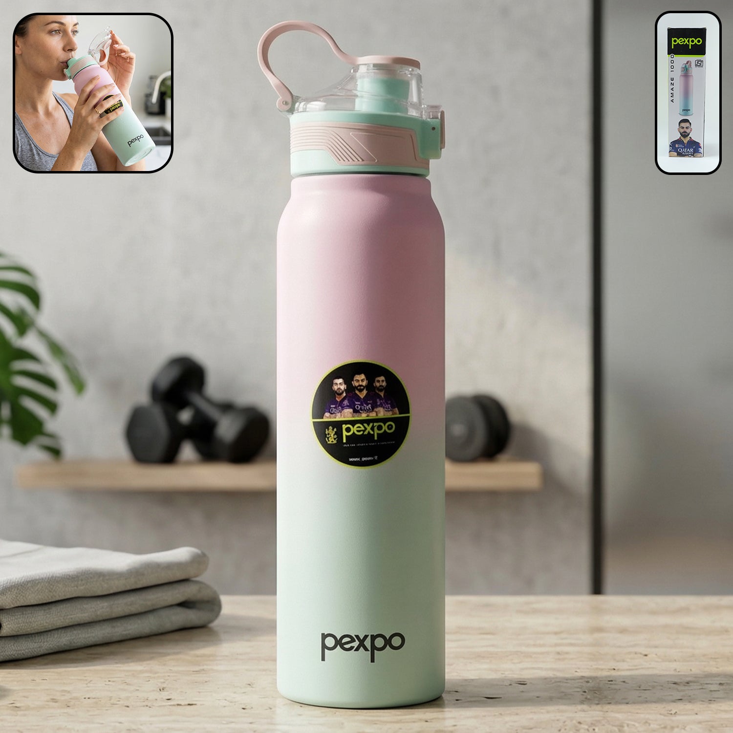 Wukusy Pexpo Amaze 1000ml stainless steel insulated water bottle with hot and cold retention, featuring a sleek design and secure cap.