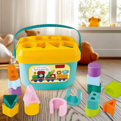Colorful baby first block set by Wukusy with non-toxic geometric shapes for stacking and shape sorting play.