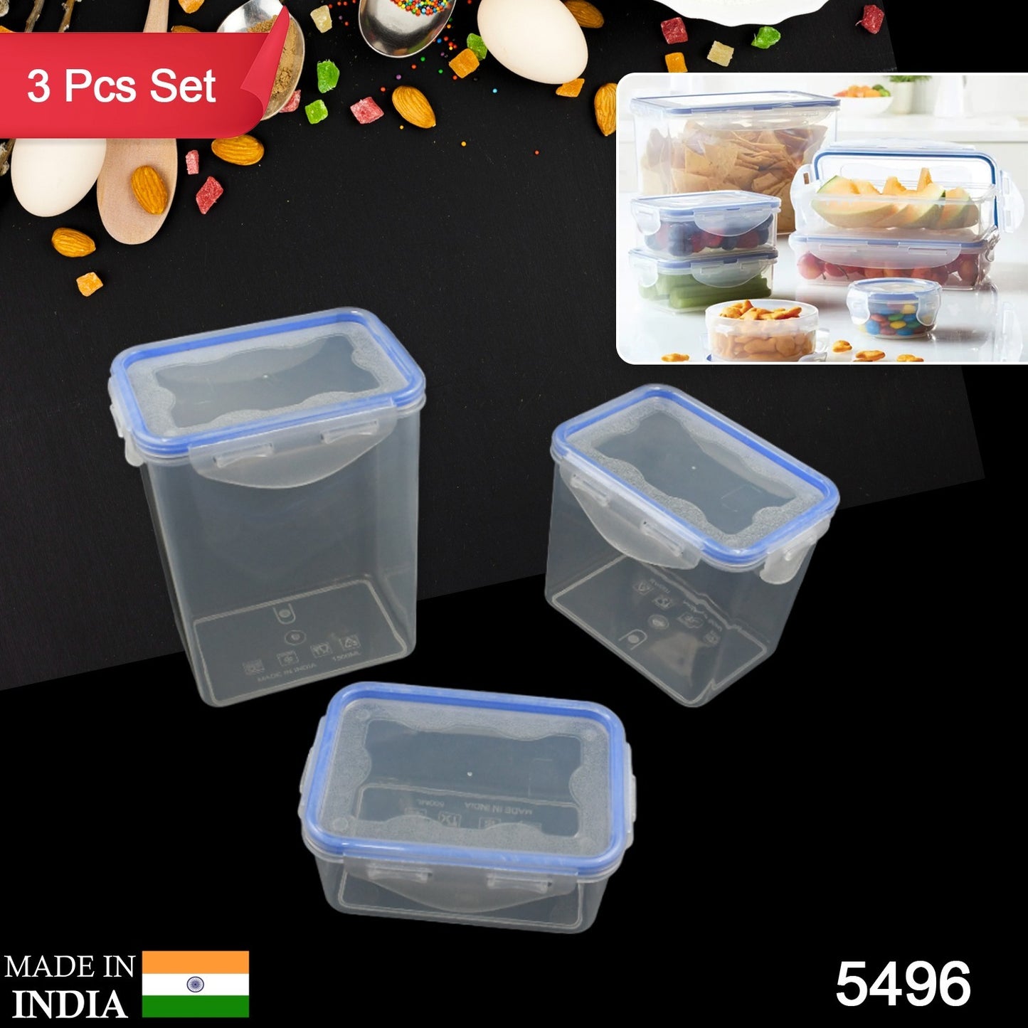 Wukusy 3-piece kitchen storage container set with food-grade plastic and air seal lock lids for spices, dry fruits, and pantry storage.