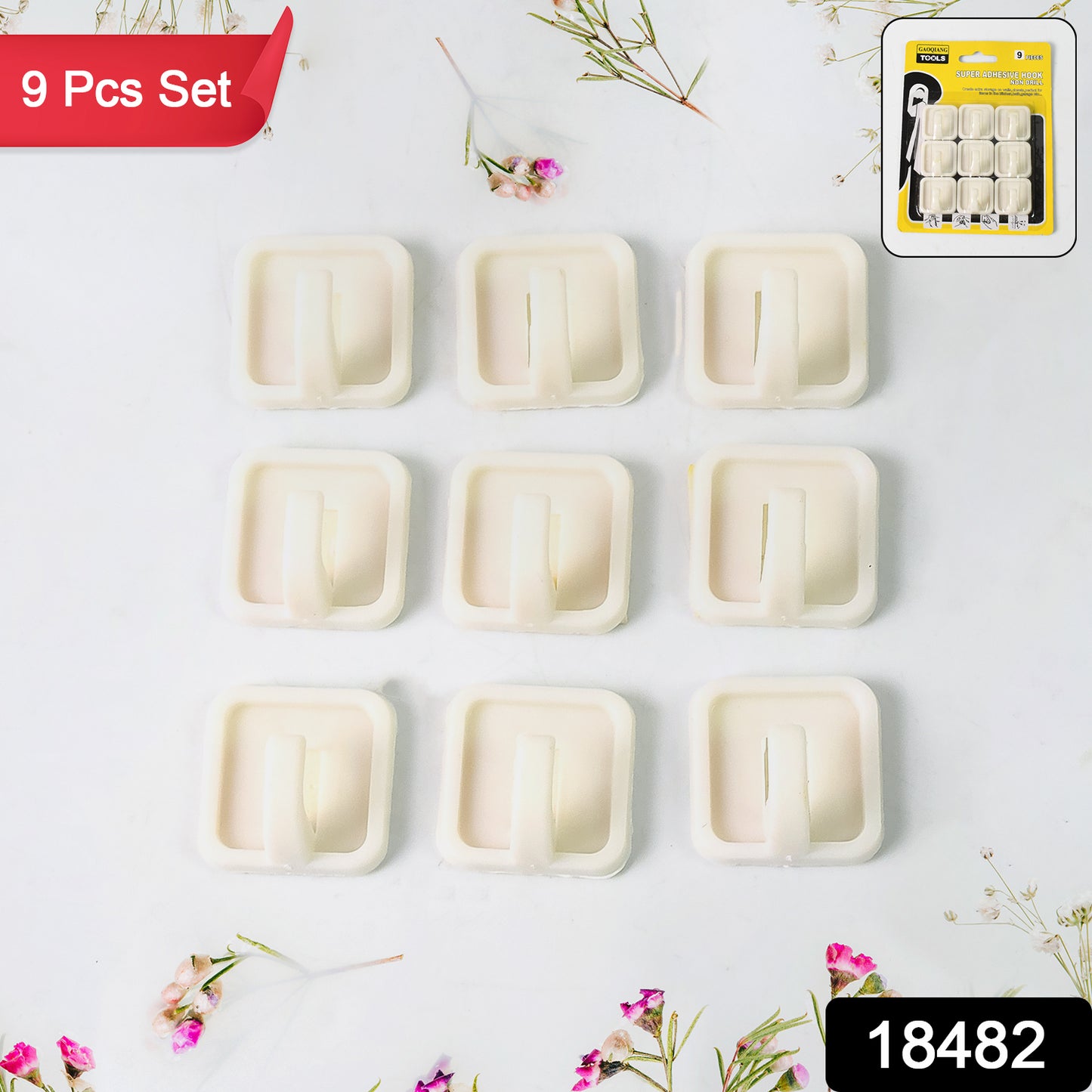 Set of nine Wukusy adhesive wall hooks for hanging clothes, featuring strong adhesive grip on various surfaces.