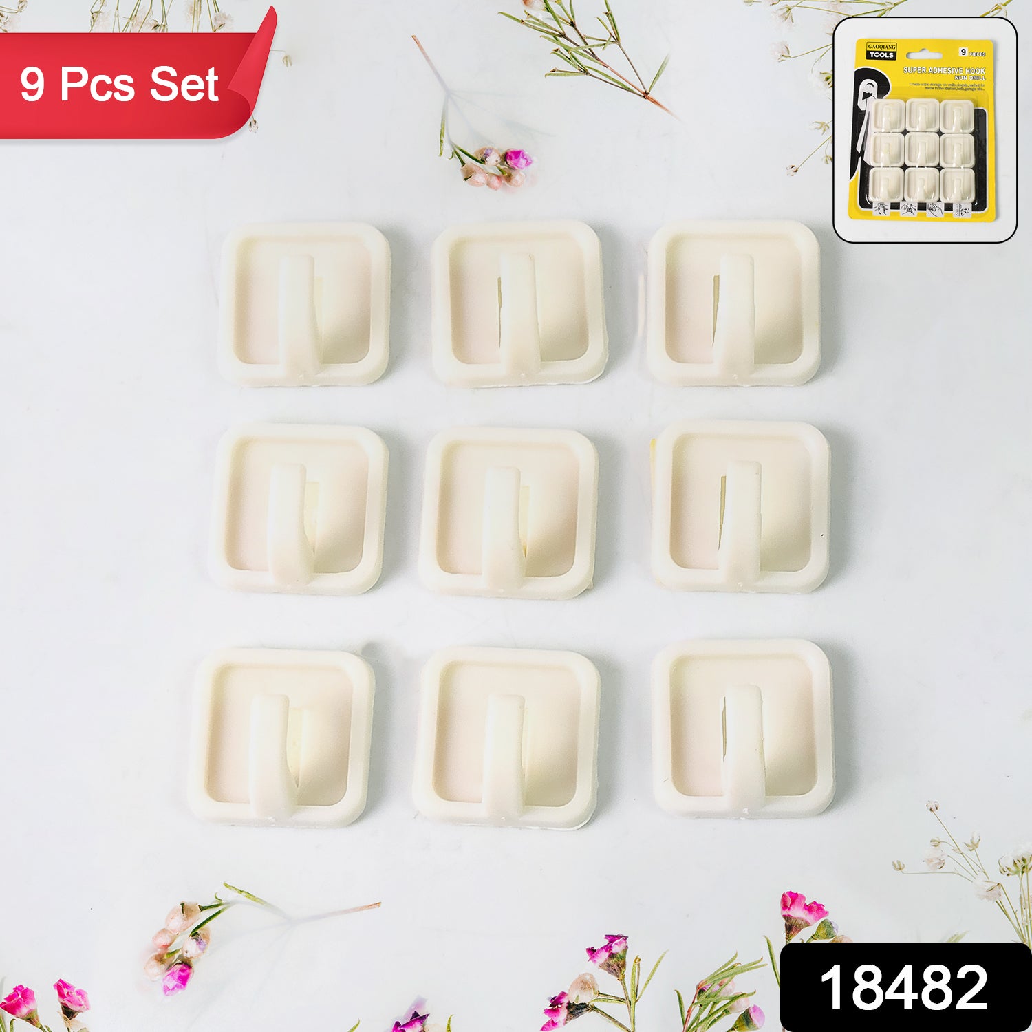 Set of nine Wukusy adhesive wall hooks for hanging clothes, featuring strong adhesive grip on various surfaces.