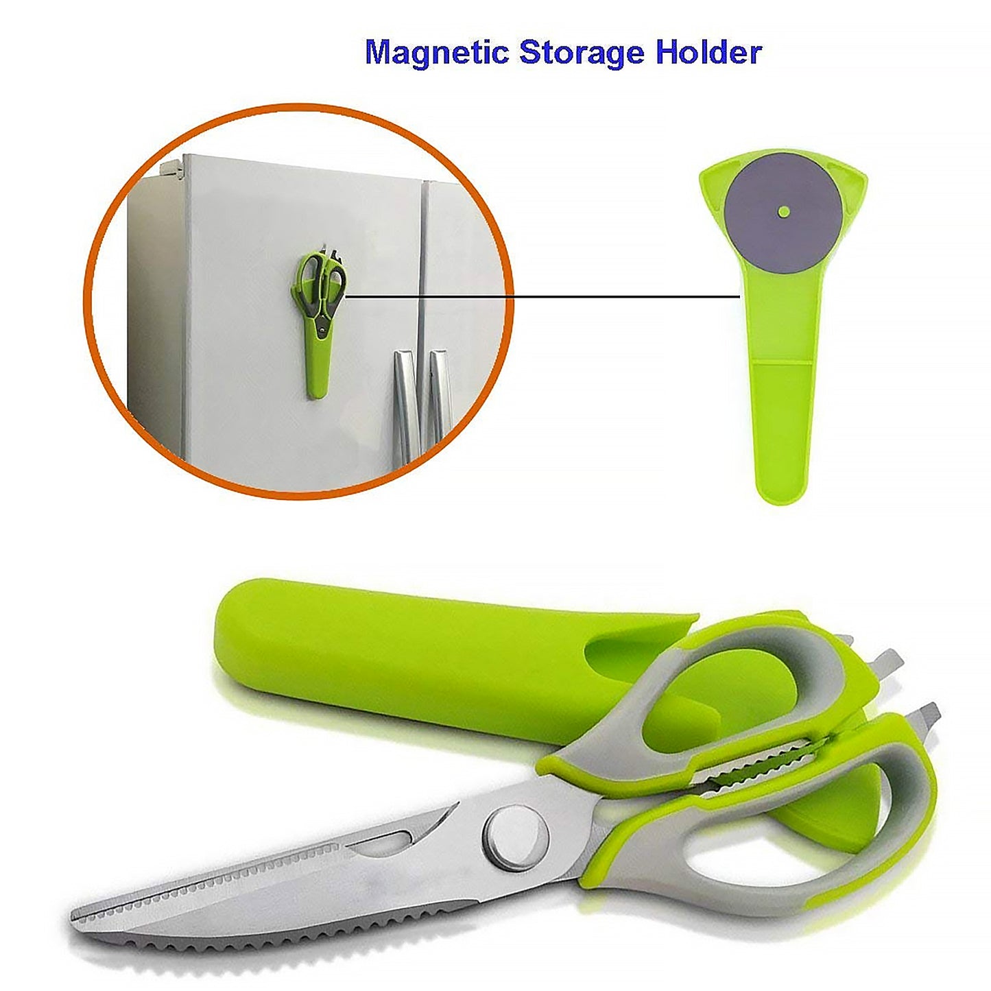 Wukusy 8193 multi-purpose kitchen shears with magnetic holder, stainless steel, red handles, heavy-duty kitchen scissors for versatile use.