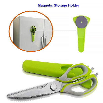 Wukusy 8193 multi-purpose kitchen shears with magnetic holder, stainless steel, red handles, heavy-duty kitchen scissors for versatile use.