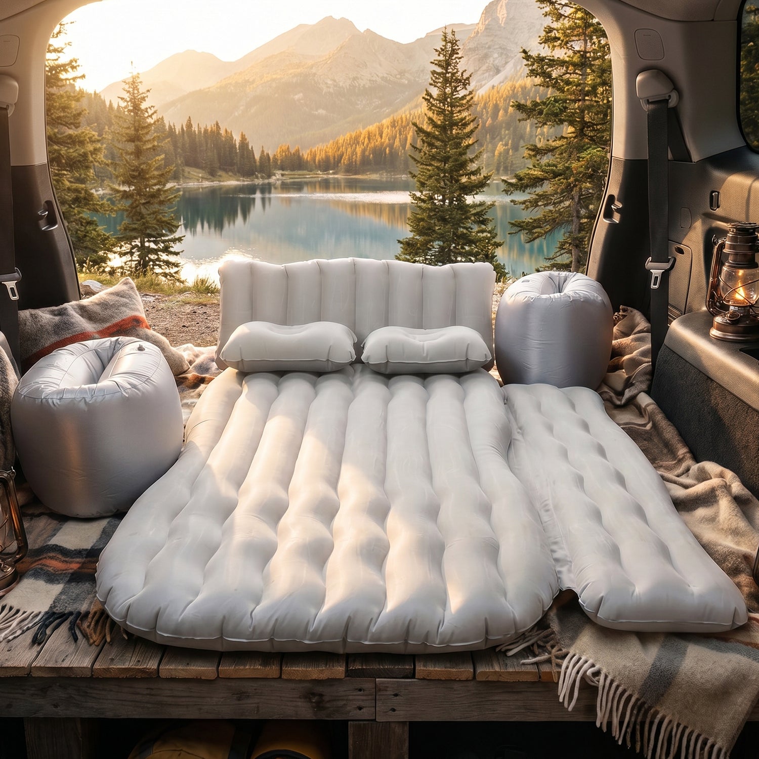 Wukusy portable car air mattress bed set with two pillows and air pump, inflated and ready for use in a vehicle.