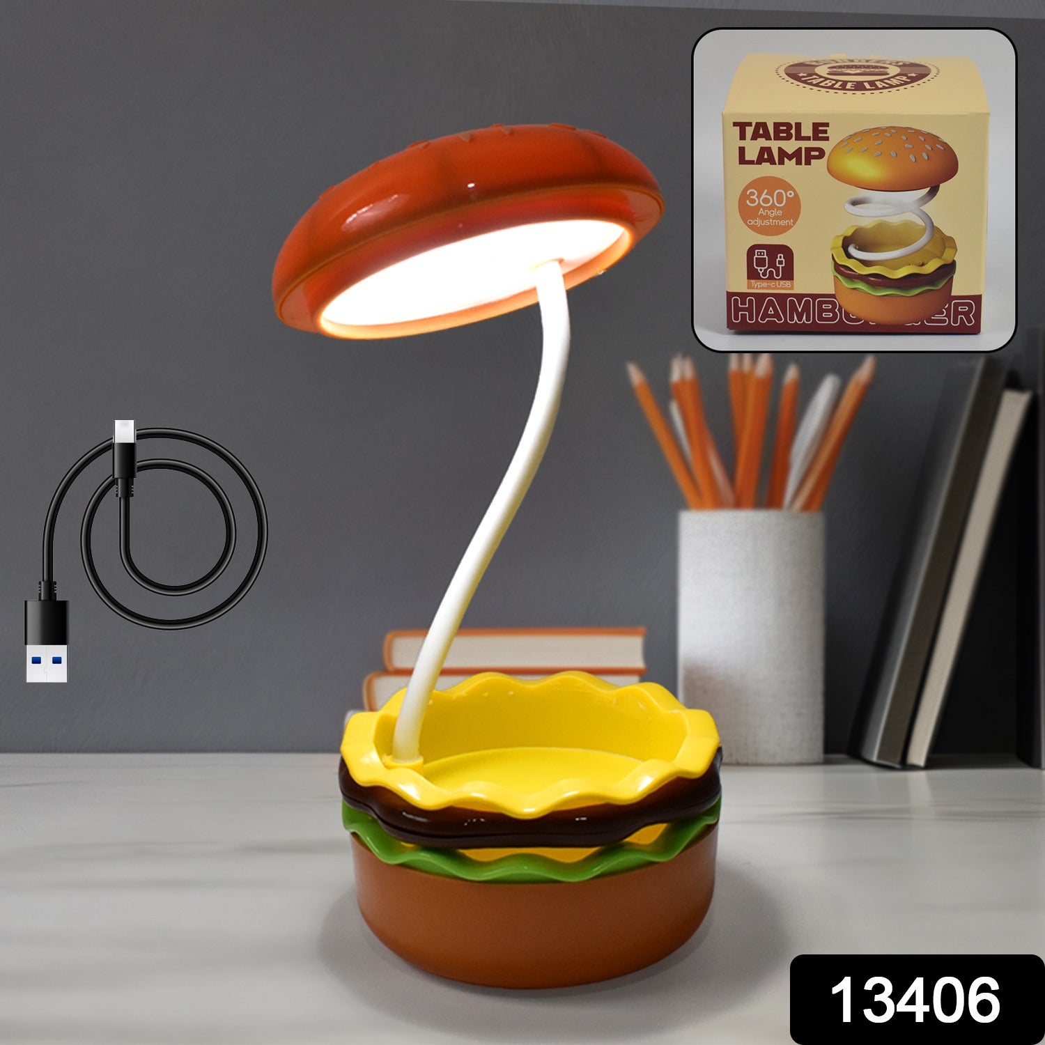 Wukusy Burger Delight folding LED night lamp featuring a colorful burger design, illuminated, on a dark background.