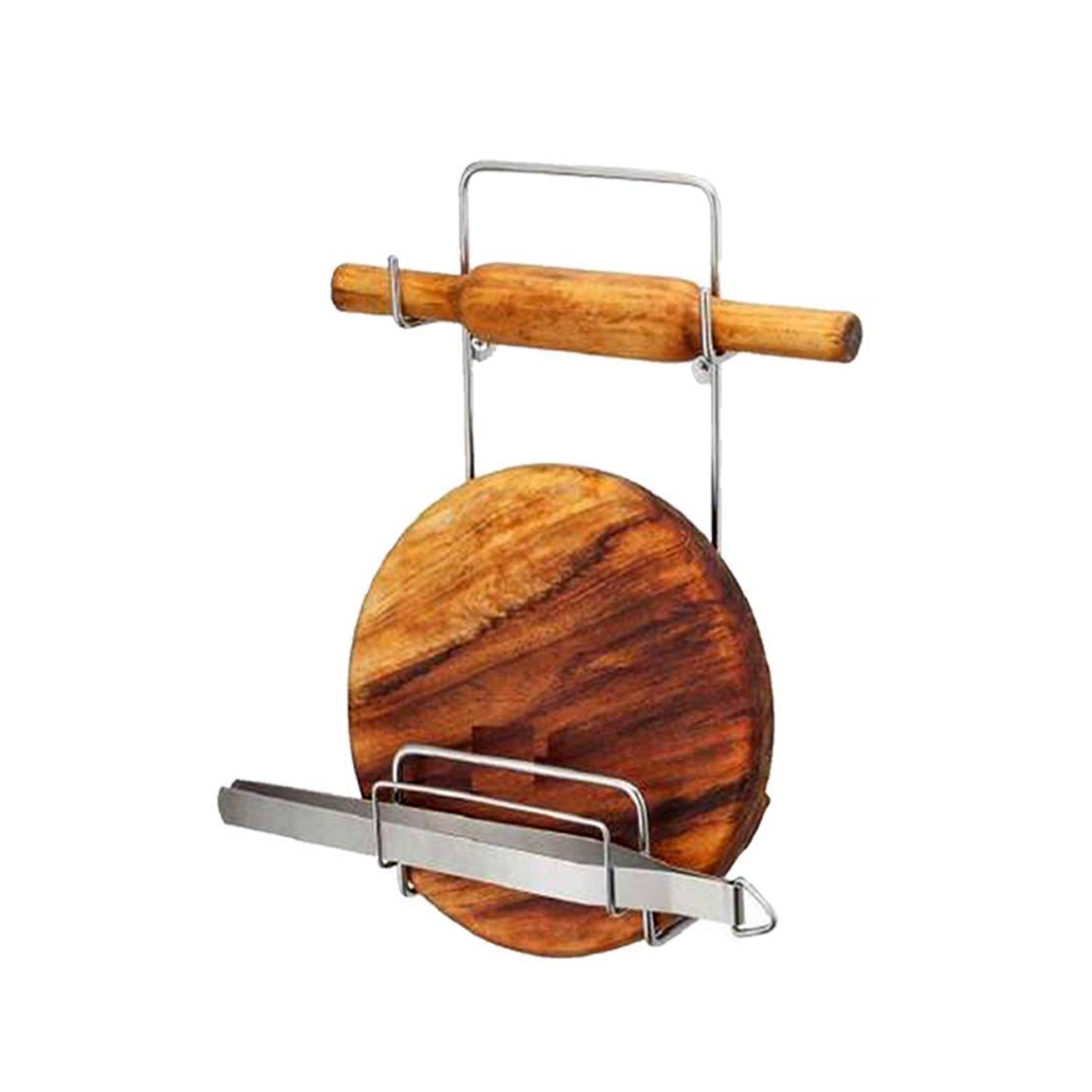 Wukusy stainless steel Chakla Belan Chimta stand with rolling pin and tong holder, multi-purpose kitchen rack in silver.