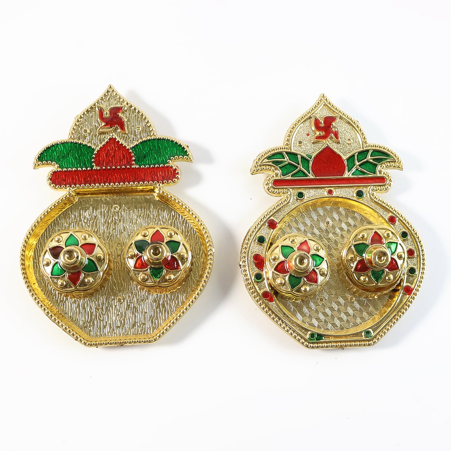 Decorative plastic Kalash-shaped double Kumkum box with mixed design, ideal for home and kitchen use, by Wukusy.
