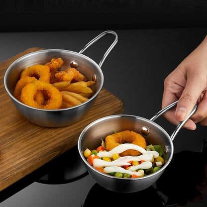Small stainless steel Tadka pan with long handle for tempering, 11 cm diameter, by Wukusy, ideal for cooking spices and flavors.