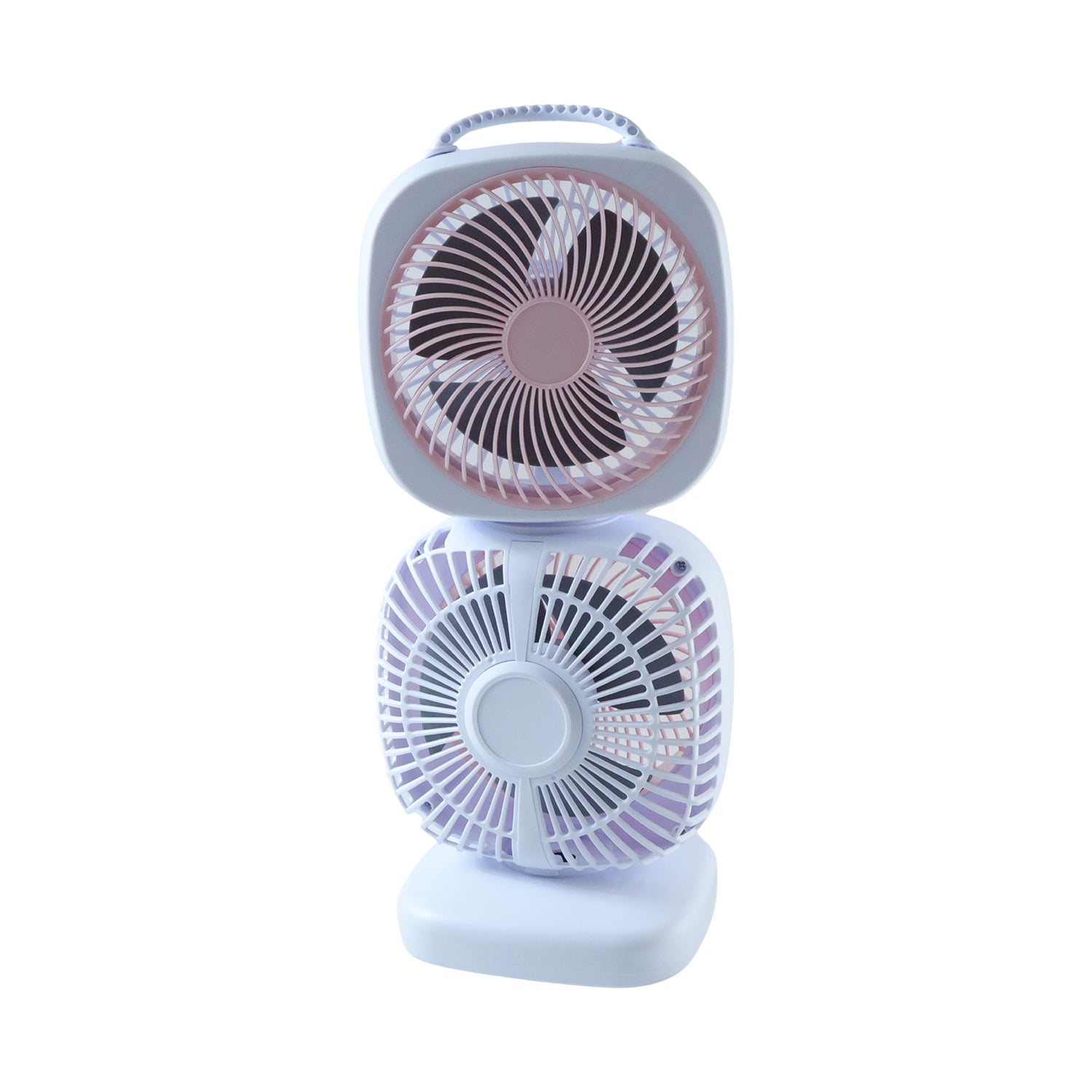 Portable Wukusy dual head USB rechargeable table fan showing adjustable heads and compact design on a neutral background.