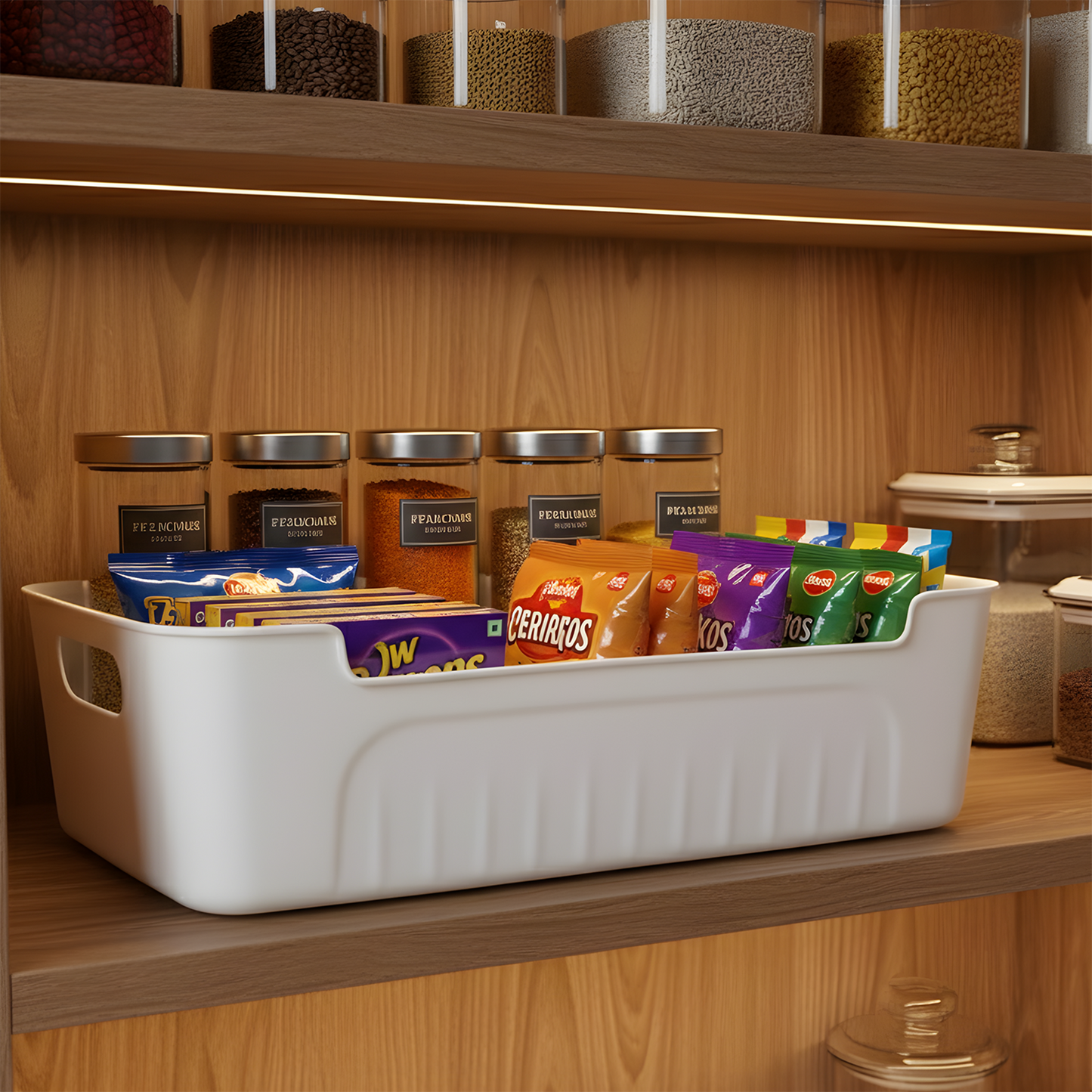 Set of four white plastic storage baskets by Wukusy, ideal for organizing home or office spaces.