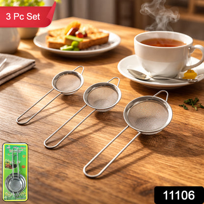 Wukusy stainless steel tea strainer 3-piece set with fine mesh and removable handle for brewing loose leaf tea.