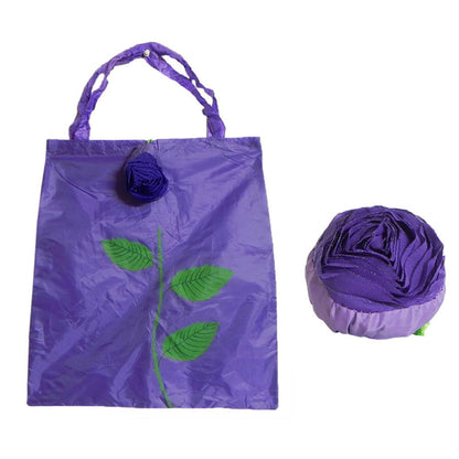 Wukusy foldable nylon shopping bag with cute rose design, large reusable tote that folds into pocket size, ideal for grocery and travel.