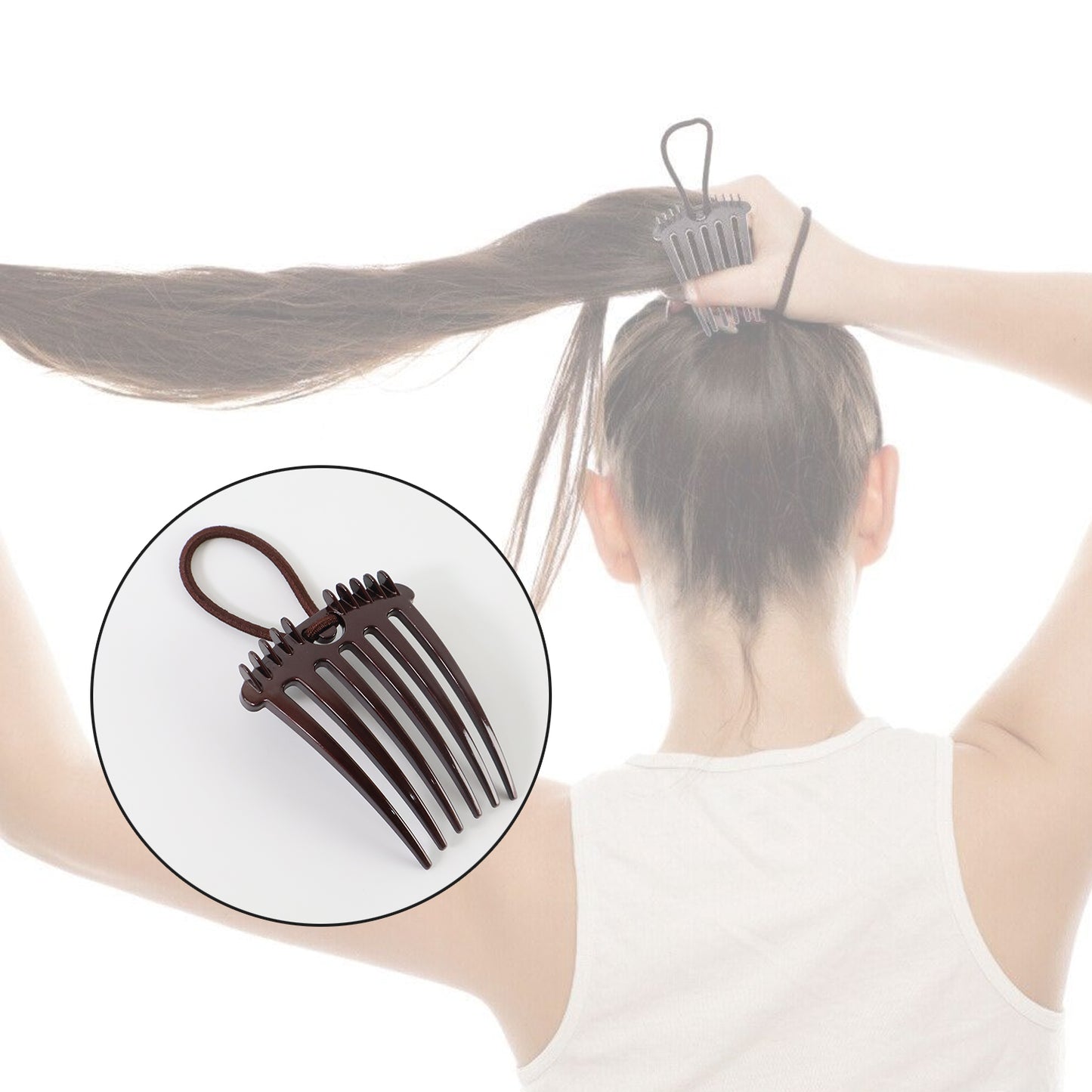 Wukusy ponytail comb with elastic loop for secure hair styling, shown with the comb and elastic in a close-up shot.