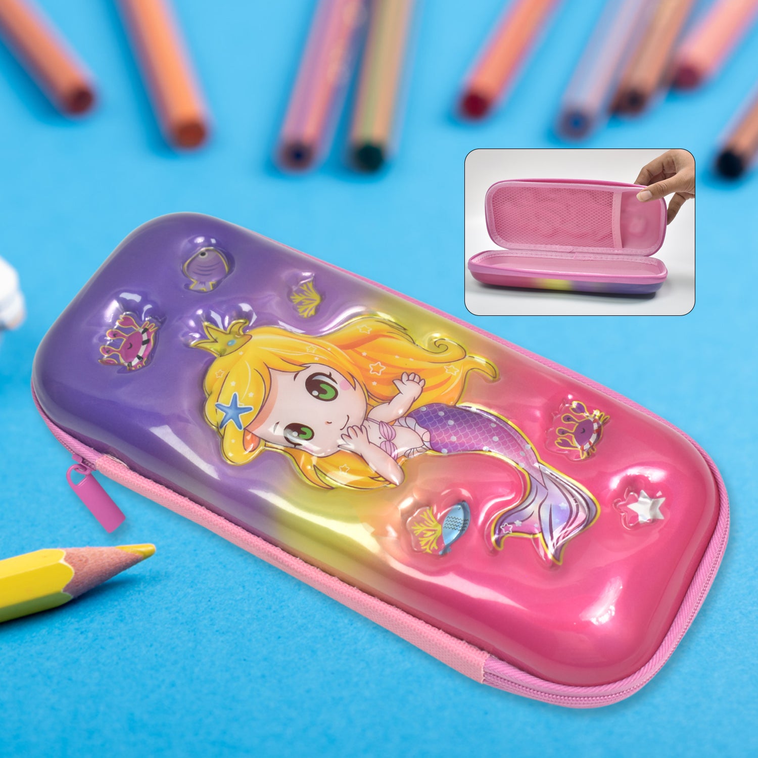 Wukusy 3D cartoon zipper compass box pencil case with colorful design, ideal for office and school supplies storage.