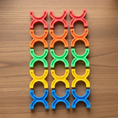 Colorful interlocking stacking toy blocks by Wukusy, arranged in a playful pattern, showcasing vibrant colors and smooth edges.