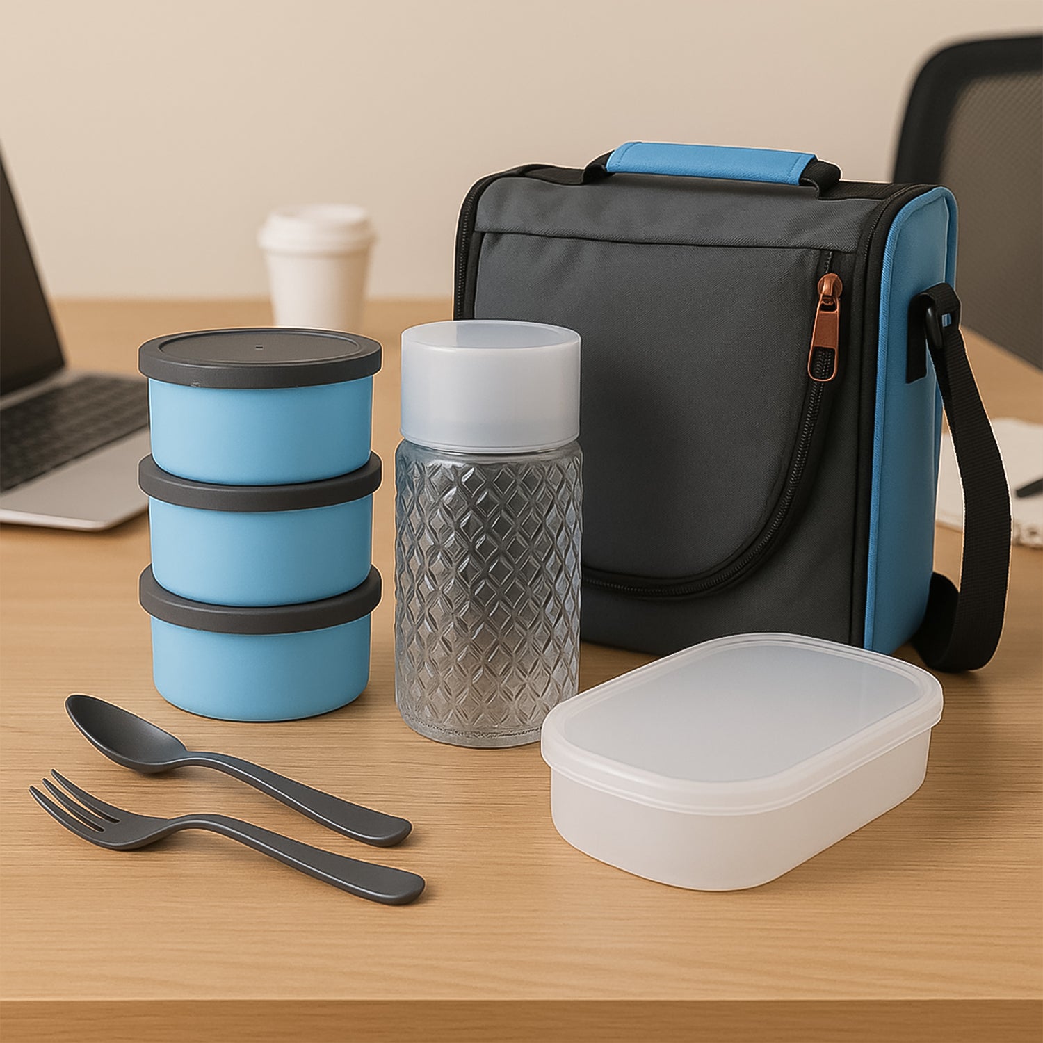 Wukusy 5106 All-in-One Lunch Box with fabric bag for office and school use, featuring compartments for food storage.