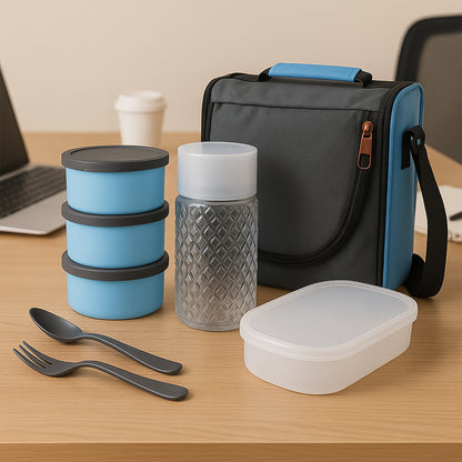 Wukusy 5106 All-in-One Lunch Box with fabric bag for office and school use, featuring compartments for food storage.