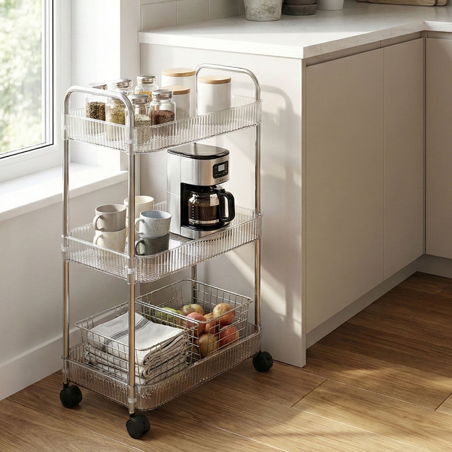 Wukusy 3-layer multipurpose storage trolley with wheels, featuring sturdy shelves and mobility for home or office use.