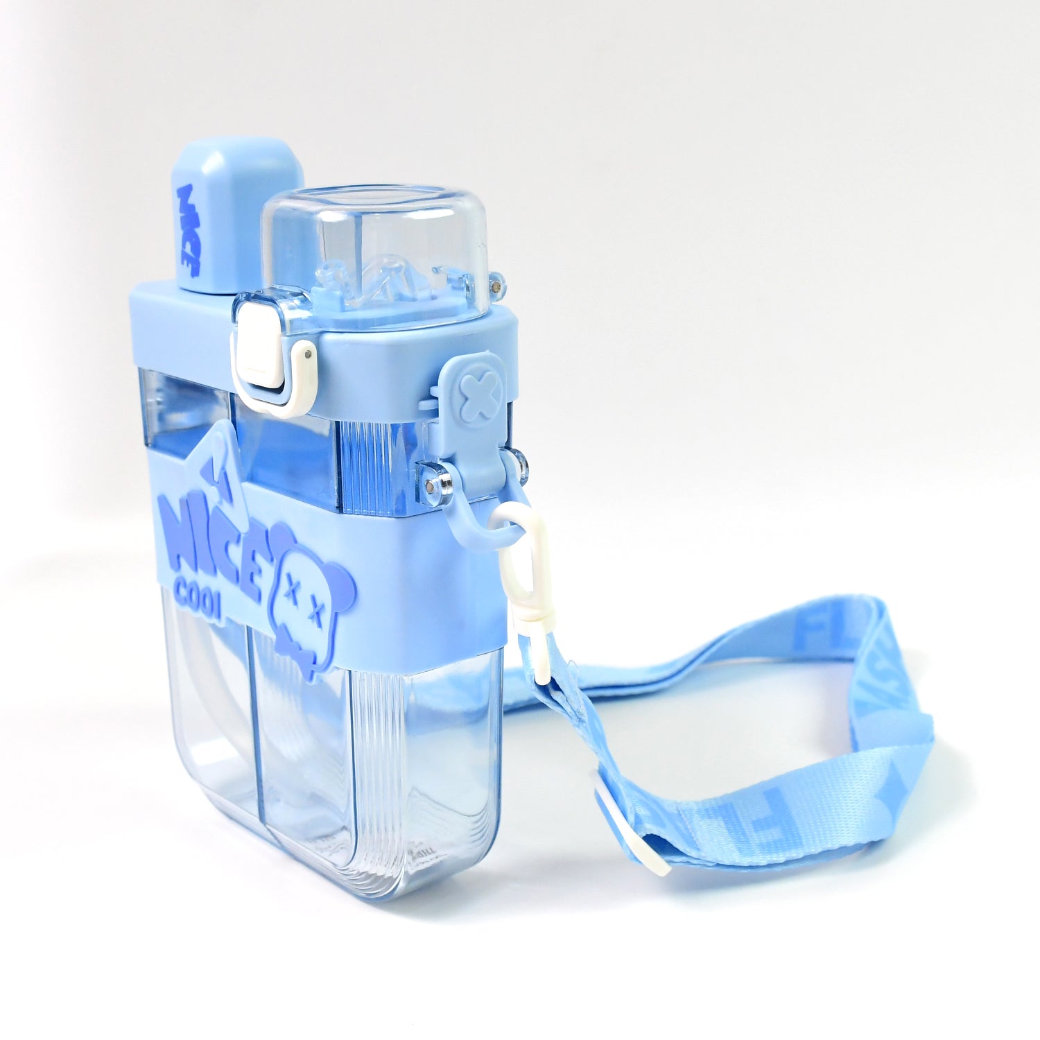Colorful Wukusy 2-in-1 dual compartment water bottle with straw and adjustable shoulder straps for travel and daily use.
