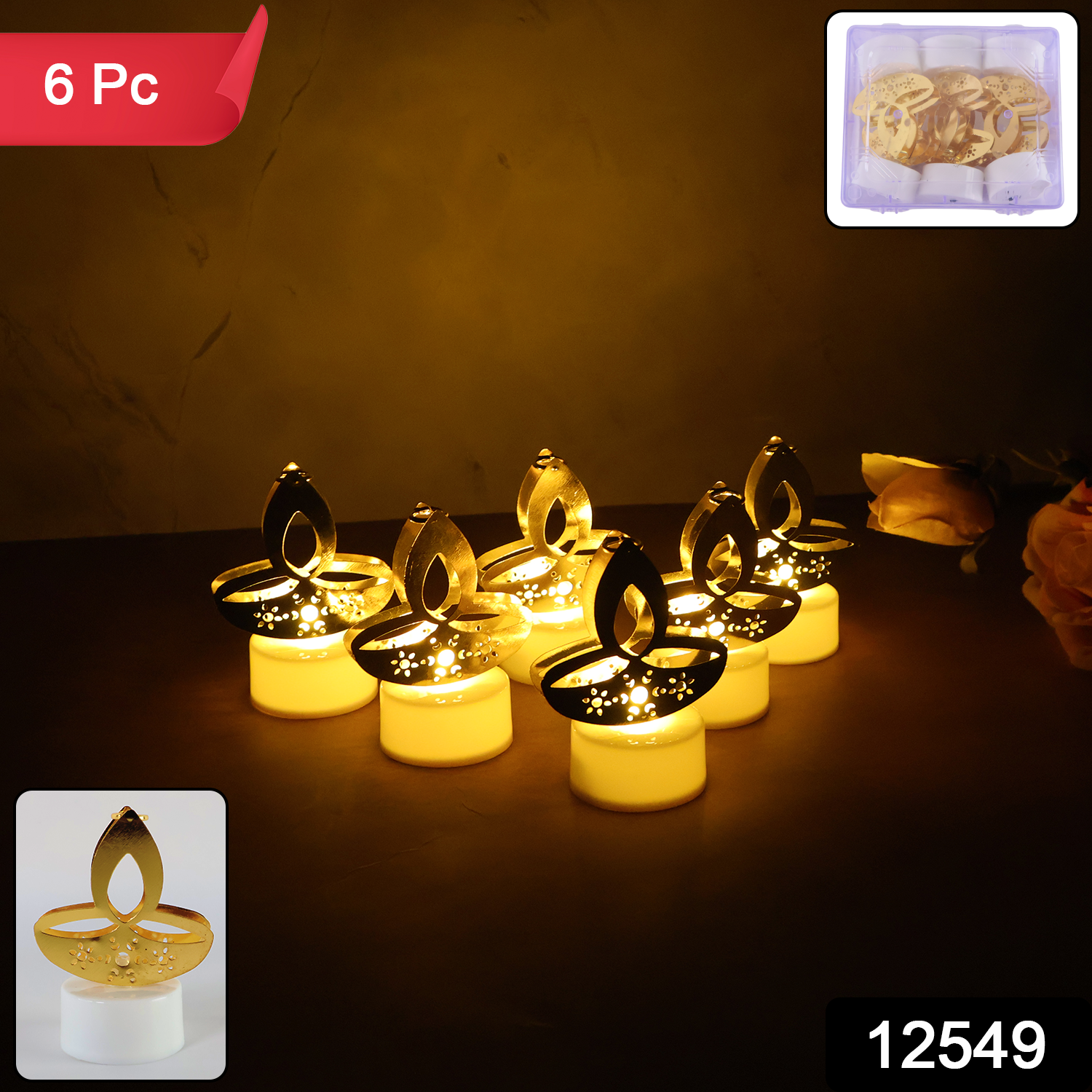 Set of six golden diya-shaped LED tealight candles by Wukusy, ideal for home decor and ambient lighting.