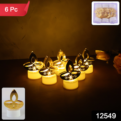 Set of six golden diya-shaped LED tealight candles by Wukusy, ideal for home decor and ambient lighting.