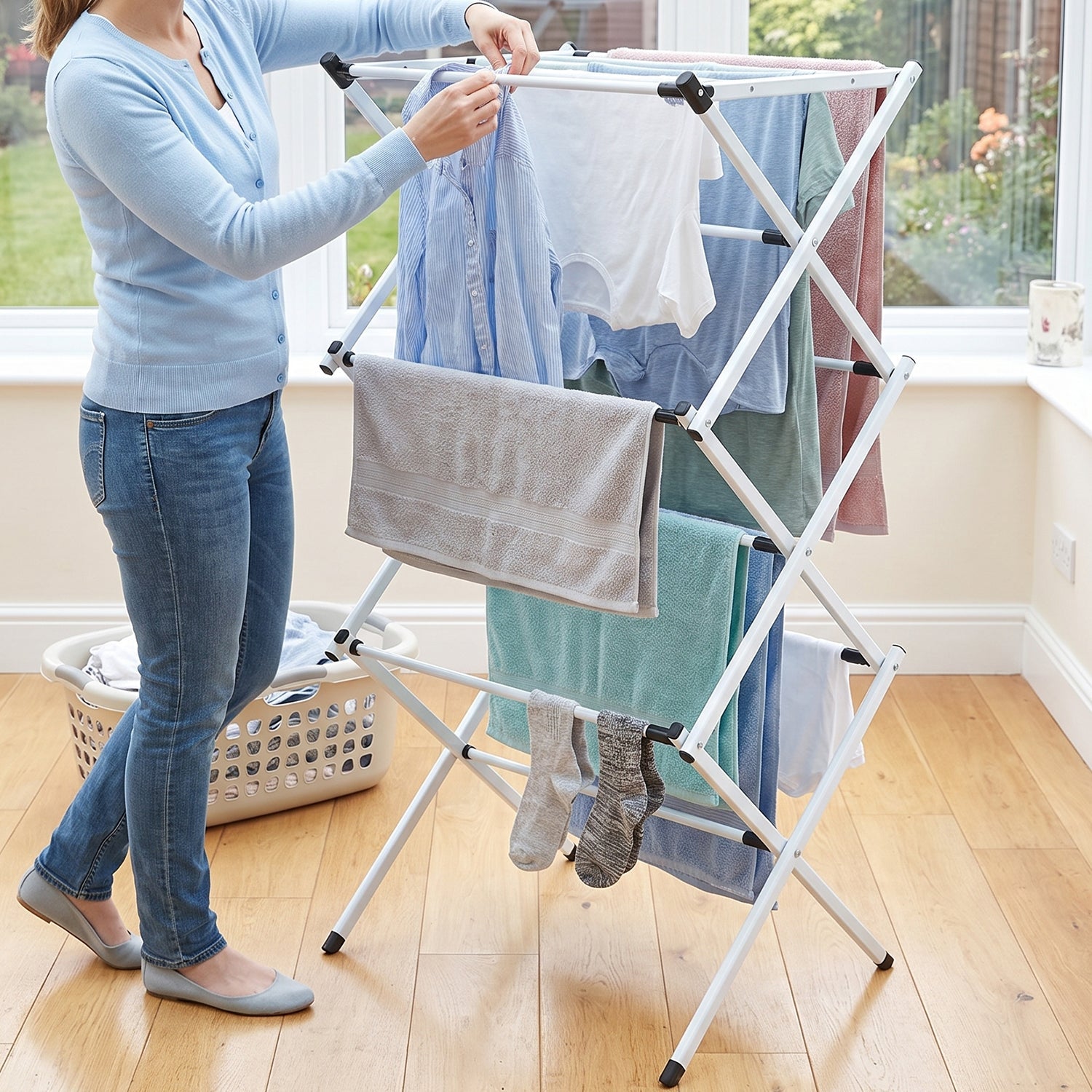 Wukusy metal foldable clothes drying rack with 3 tiers, portable laundry stand, collapsible design for easy indoor and outdoor use.