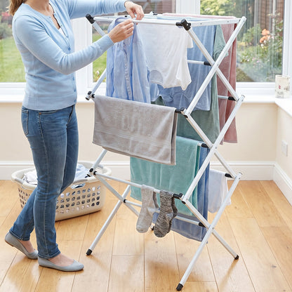 Wukusy metal foldable clothes drying rack with 3 tiers, portable laundry stand, collapsible design for easy indoor and outdoor use.