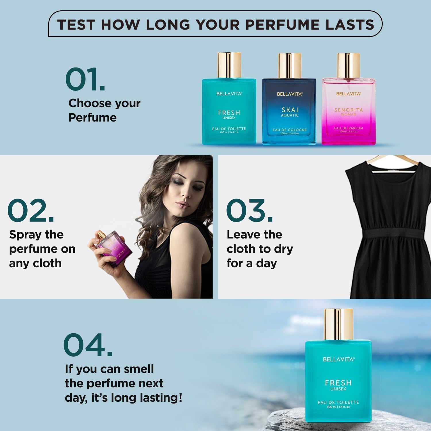 Wukusy Bellavita Premium Fresh Unisex Eau De Toilette perfume bottle, 100ml with sleek design and clear glass packaging.