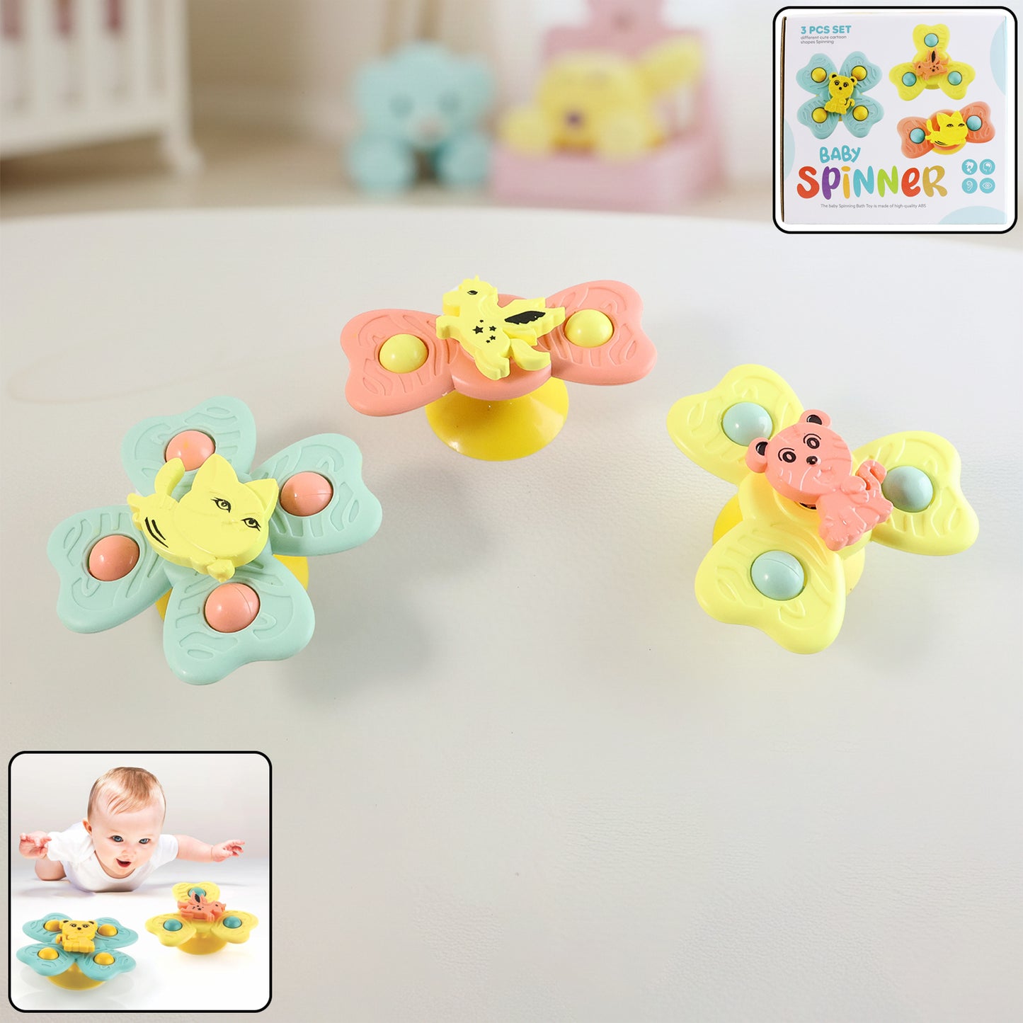 Wukusy Buzzy Baby Spinner Toy Set with three colorful suction cup spinning toys for infants and toddlers.