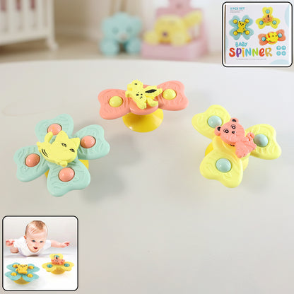 Wukusy Buzzy Baby Spinner Toy Set with three colorful suction cup spinning toys for infants and toddlers.