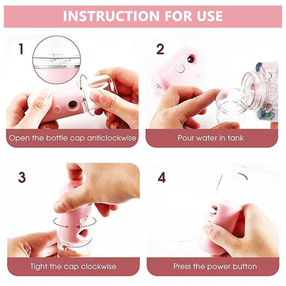 Wukusy mini nano mist sprayer and portable face steamer with USB rechargeable design, shown emitting a fine mist for facial hydration.