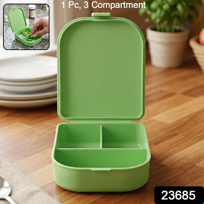 Wukusy 3-compartment plastic pill organizer box for portable medicine storage with individual sections, compact and travel-friendly.
