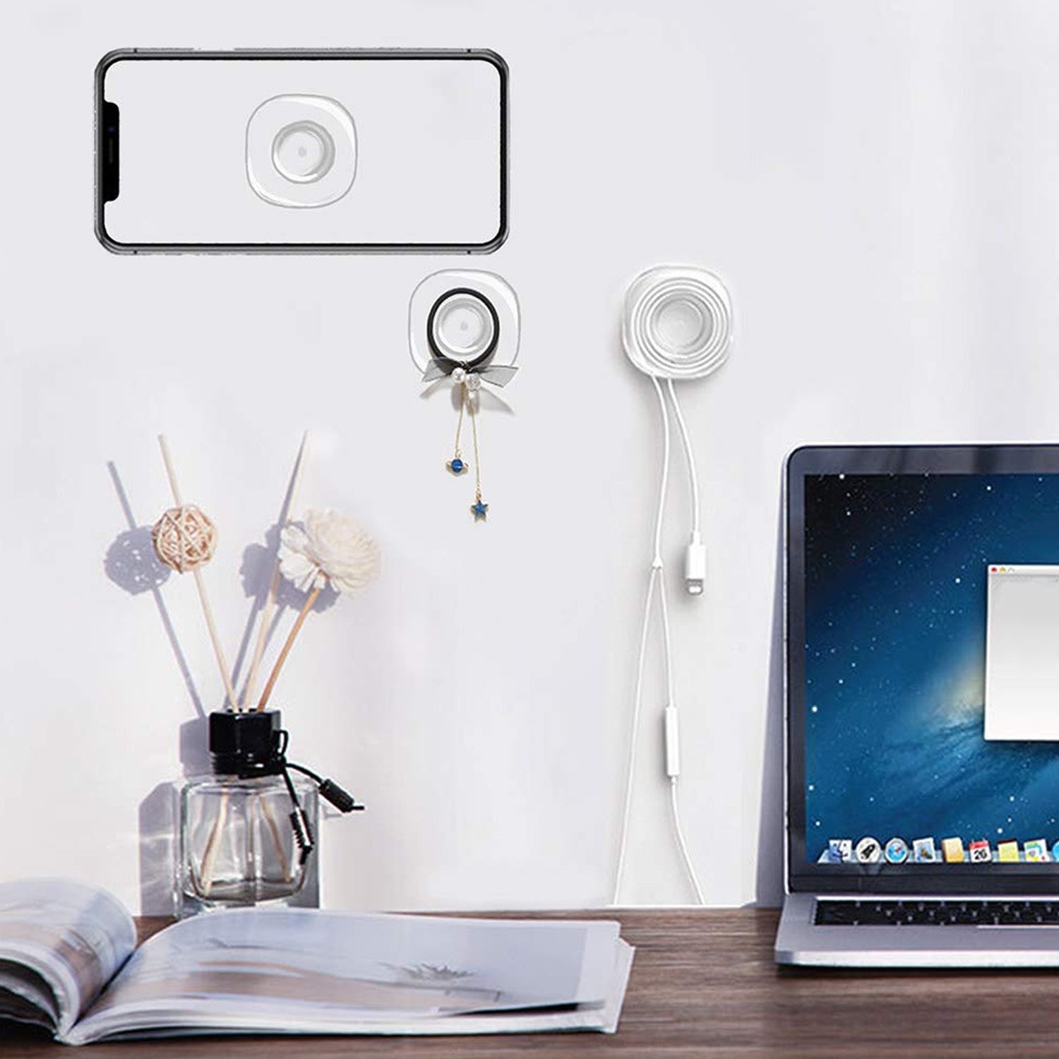 Wukusy multi-purpose square super gel pad for holding mobile devices and cable protection, shown with a mobile and spiral cable protector.