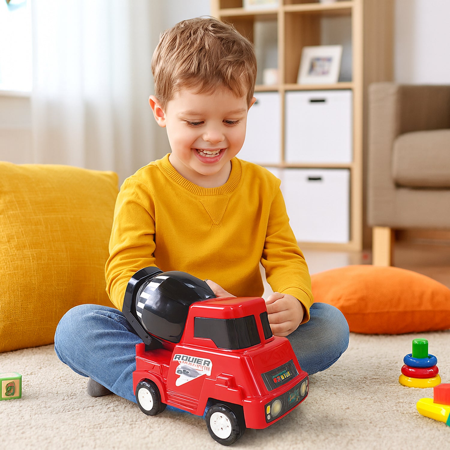 Wukusy Funwoods Kids Power Cement Mixture Toy Truck, plastic construction vehicle for kids, with colorful design and working mixer drum.