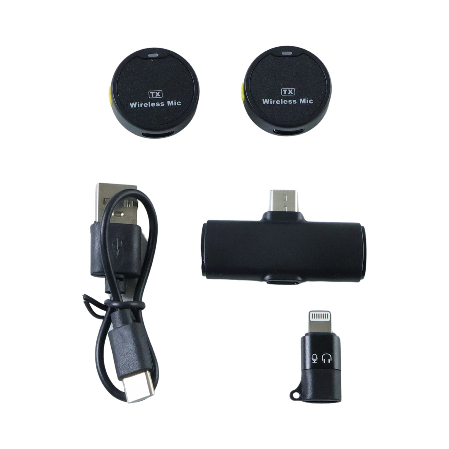 Wukusy portable wireless lavalier microphone set with two clip-on mics for clear audio recording and easy mobility.