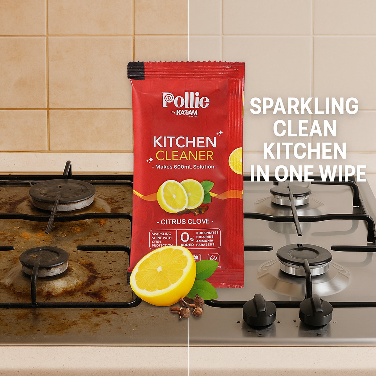 Wukusy Pollic Kadam concentrated kitchen surface cleaner sachet for effective home and kitchen cleaning.