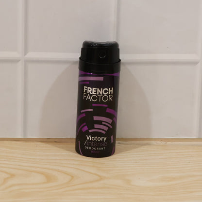 Wukusy French Factor Victory Intense deodorant body spray bottle, 150 ml, with sleek packaging and spray nozzle visible.