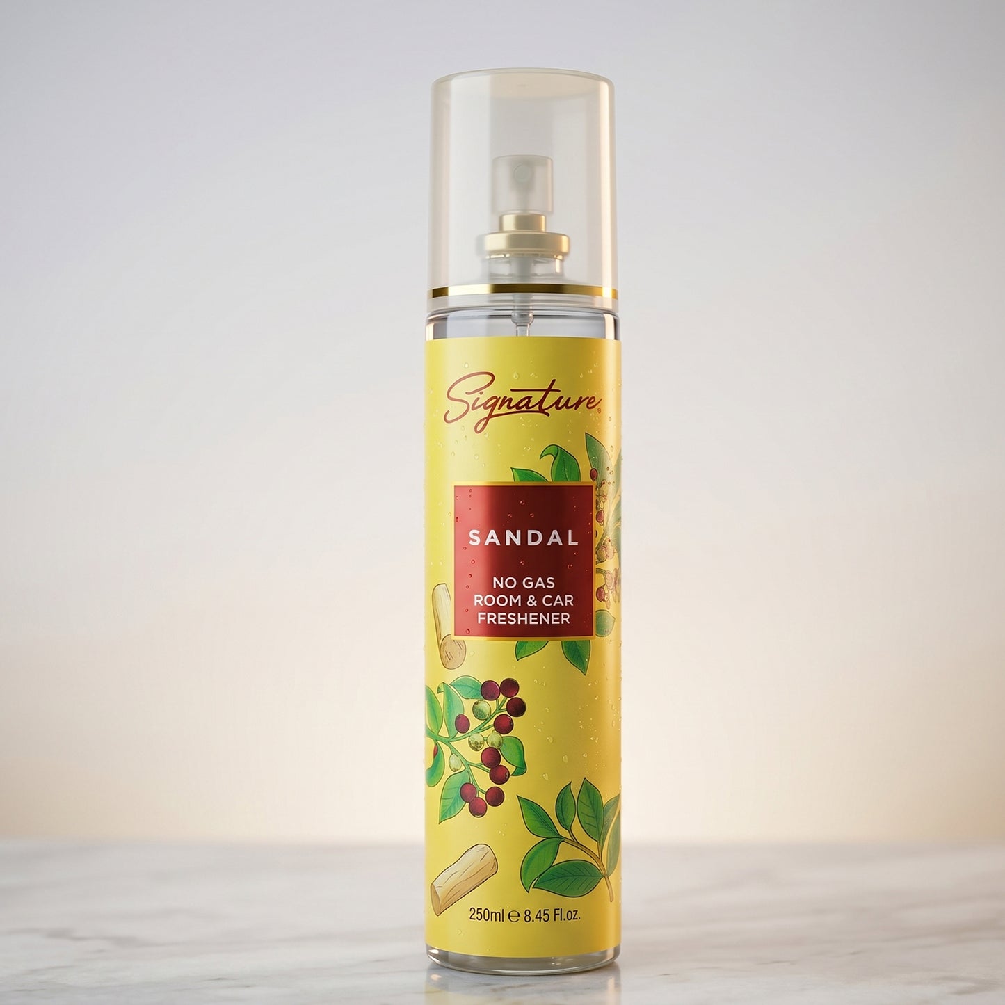 Wukusy Signature Sandal Room Car Freshener Spray 250ml bottle with sandalwood scent, featuring a sleek design and spray nozzle.