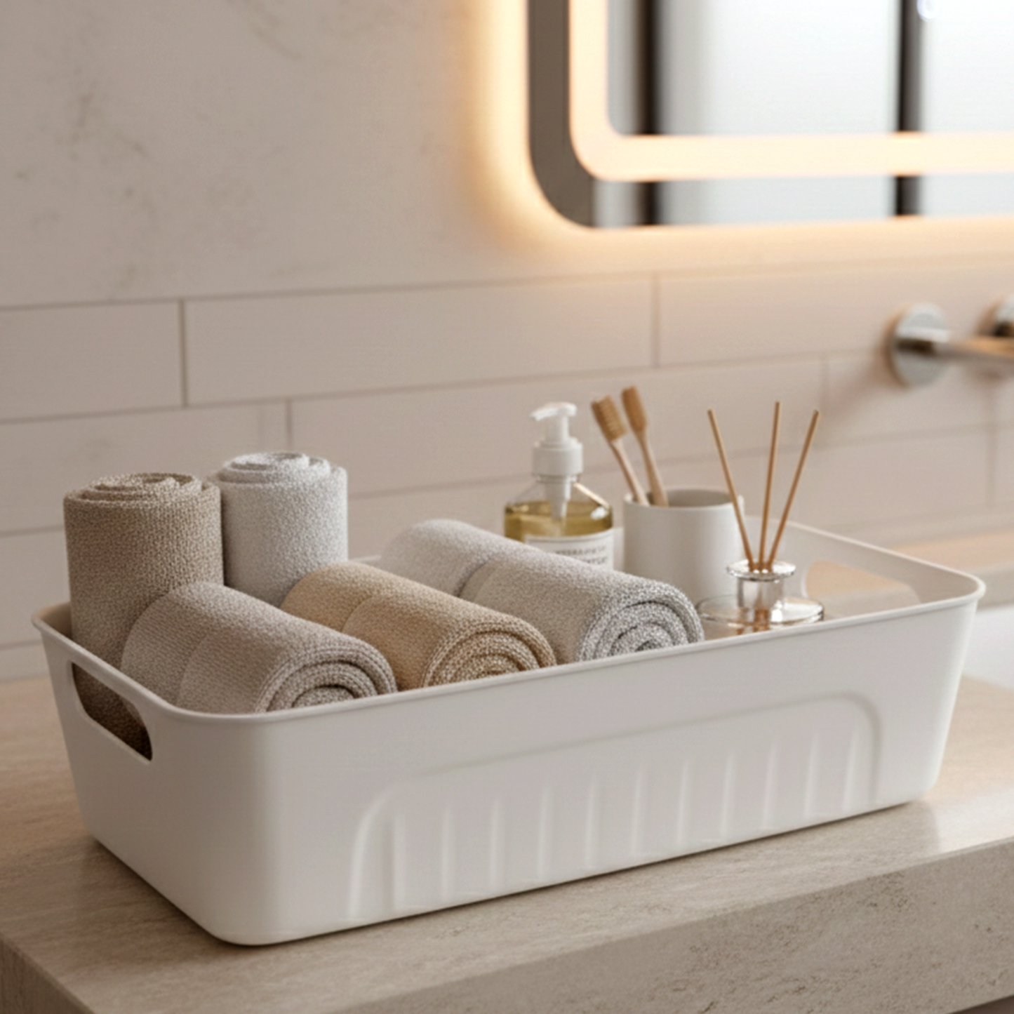 Set of four white plastic storage baskets by Wukusy, ideal for organizing home improvement supplies or household items.