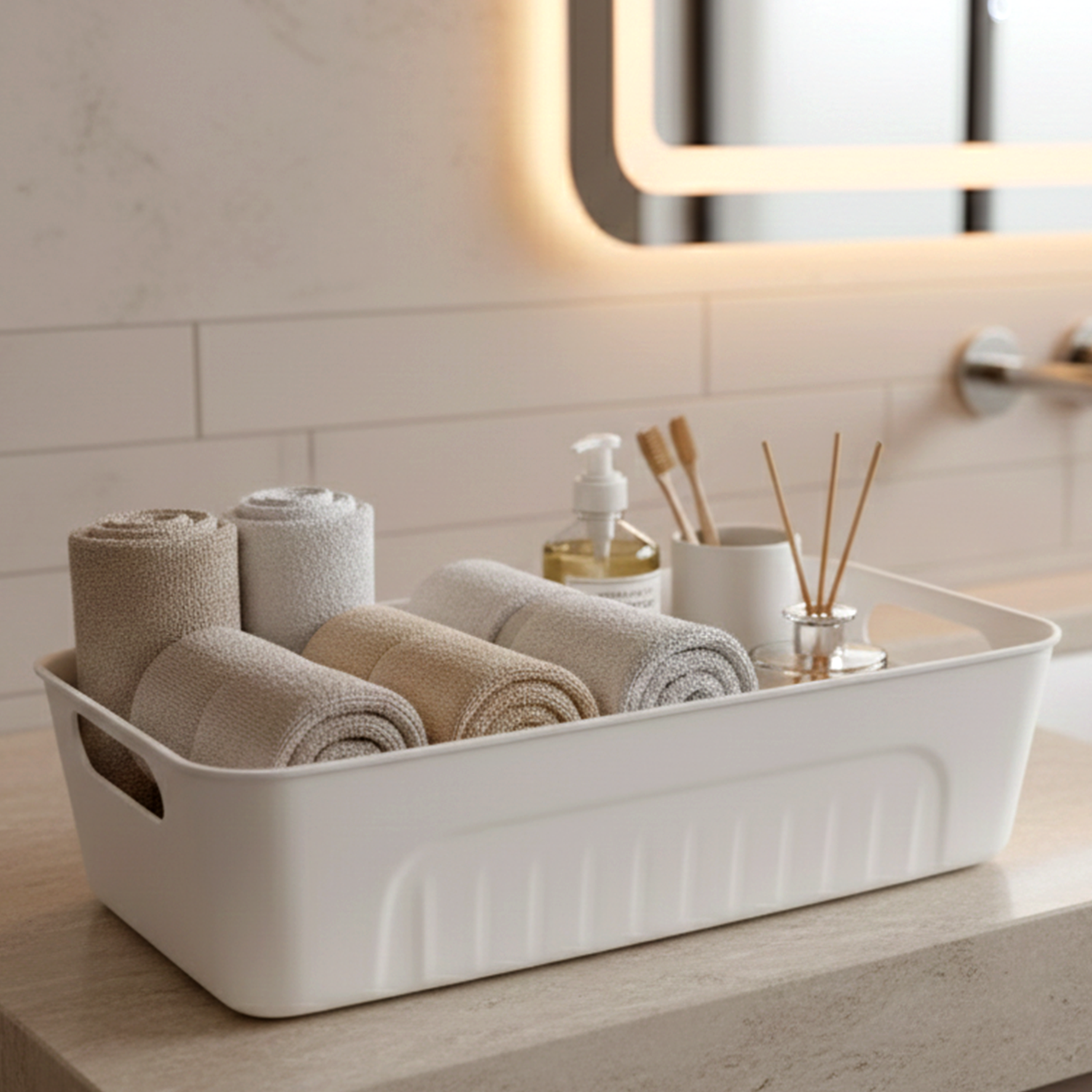 Set of four white plastic storage baskets by Wukusy, ideal for organizing home improvement supplies or household items.