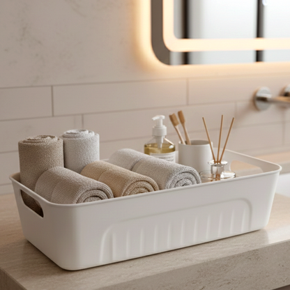 Set of four white plastic storage baskets by Wukusy, ideal for organizing home improvement supplies or household items.