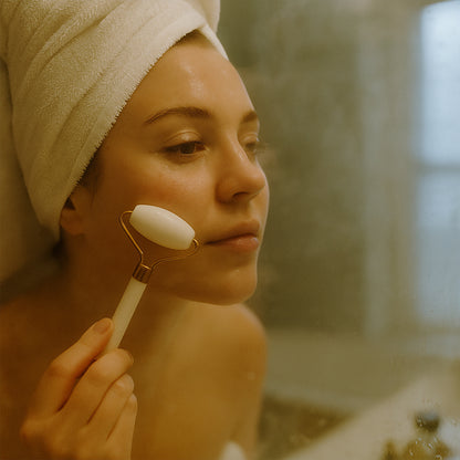Wukusy dual-ended face massage roller with black and silver handles, showing textured massage surfaces for skin rejuvenation.