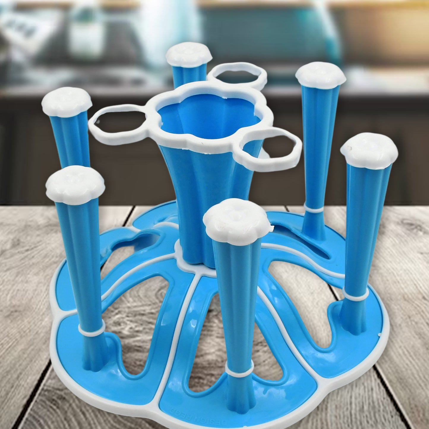 Wukusy Miracle Plastic Glass Stand holding six glasses with three pepper and salt shakers on a kitchen dining table.