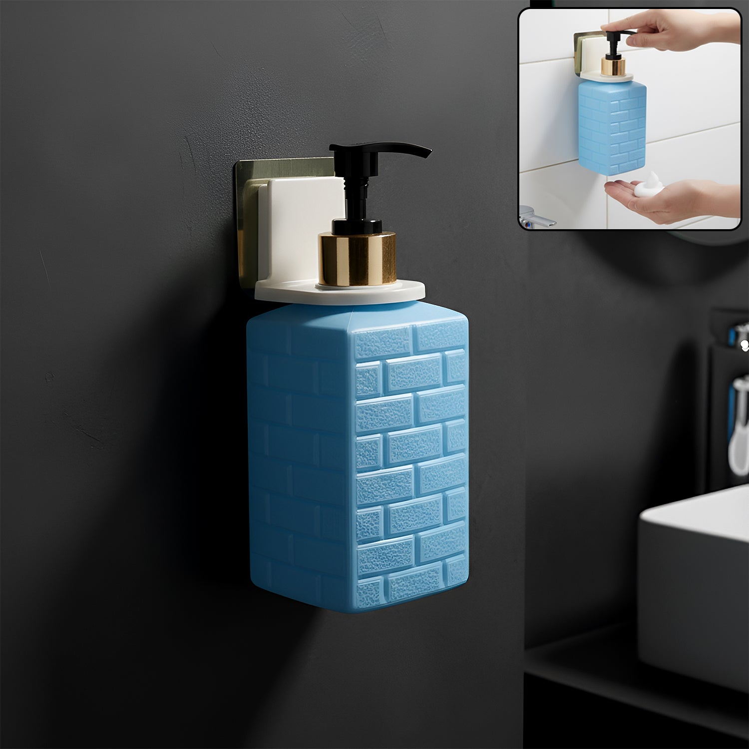 Wall-mounted Wukusy liquid soap dispenser set showing sleek design with pump and mounting hardware on a bathroom wall.