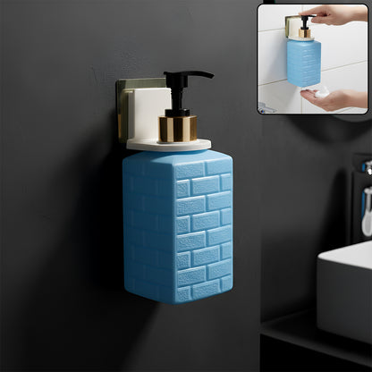 Wall-mounted Wukusy liquid soap dispenser set showing sleek design with pump and mounting hardware on a bathroom wall.