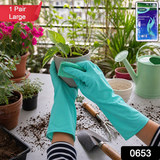 Pair of large Wukusy Victor Green Rubber Cleaning Gloves for kitchen dishwashing, reusable and flexible for household cleaning tasks