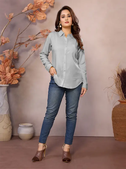 Golden pure viscose women's half sleeve shirt with a collared neck, hip length, from Ekom, featuring a stylish and comfortable design.